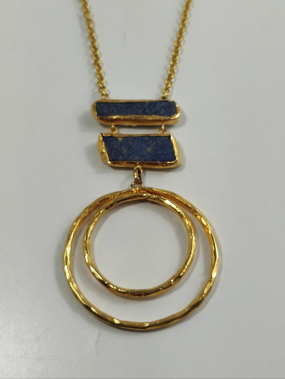 S&S Genuine Lapis Lazuli Long Gold Tone Statement Necklace Double Circle Pendant